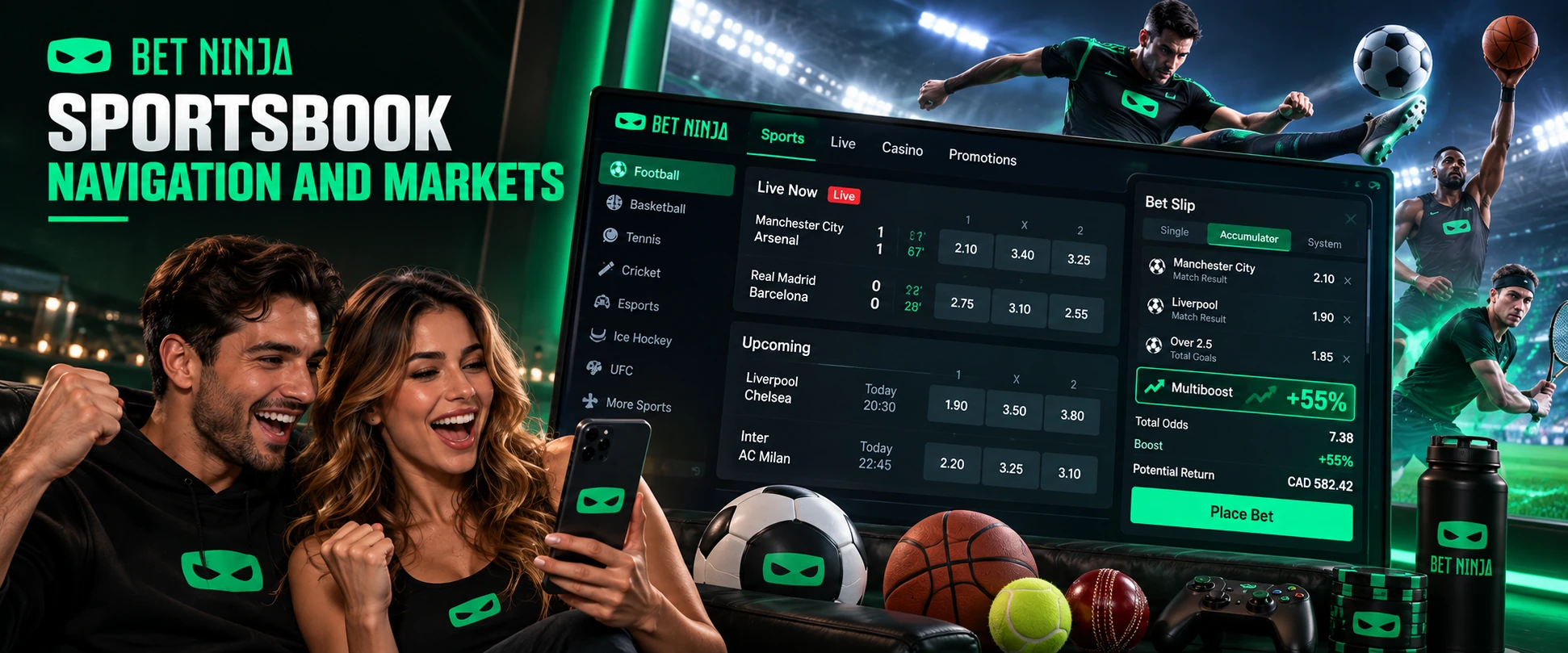 BetNinja Sportsbook Canada Interface Showing Sports Navigation, Odds Multipliers and Betting Markets